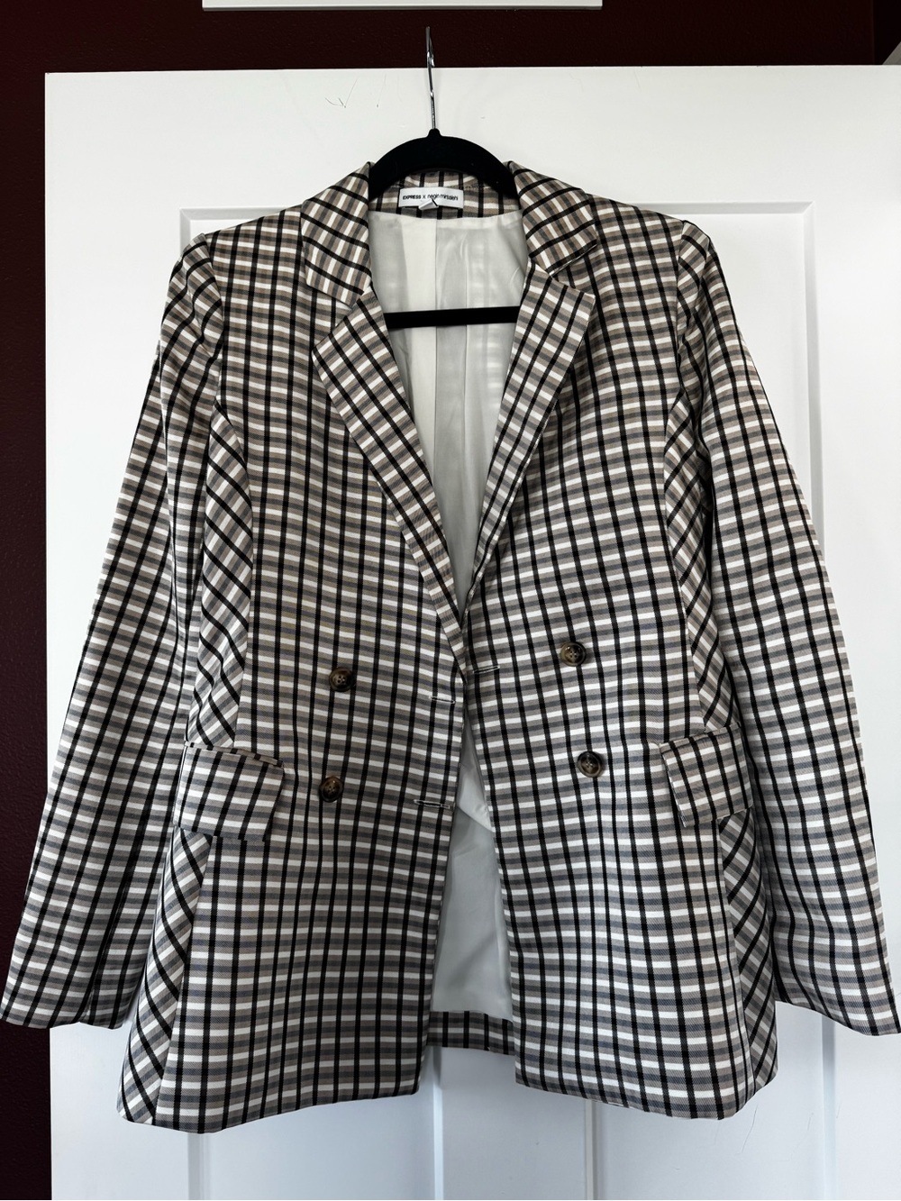 Express Plaid Double-Breasted Blazer Jacket - Black & White